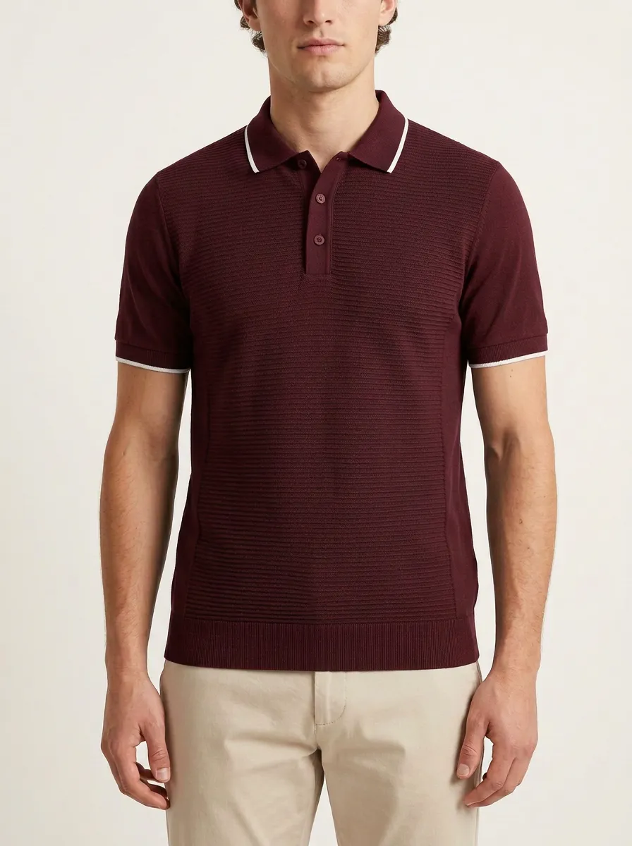 Men's Navy Blue Ribbed Texture Contrast Trim Polo Shirt