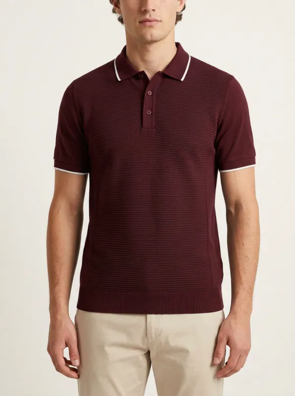 Men's Navy Blue Ribbed Texture Contrast Trim Polo Shirt