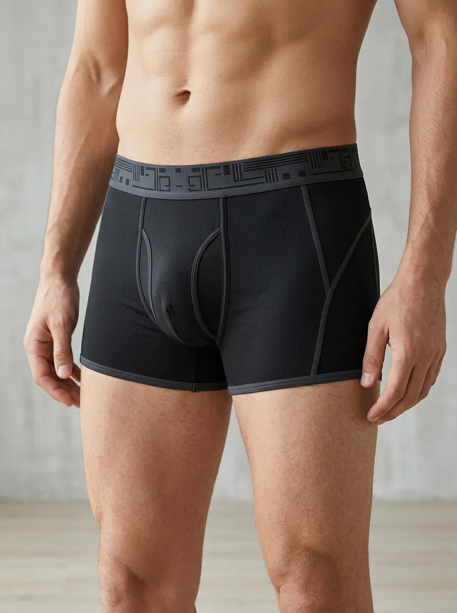 Men's Geometric Pattern Waistband Black Mesh Printed Boxer Briefs
