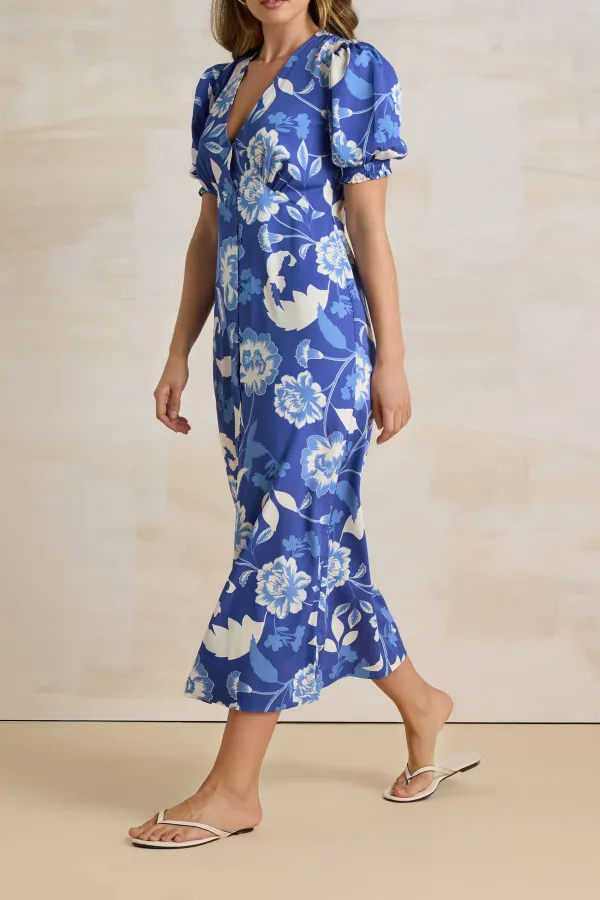 Blue Floral Puff Sleeve Casual Style Tea Dress