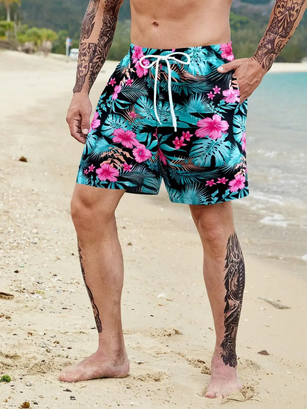 Men's Coastal Tropical Allover Print Drawstring Pocket Beach Shorts