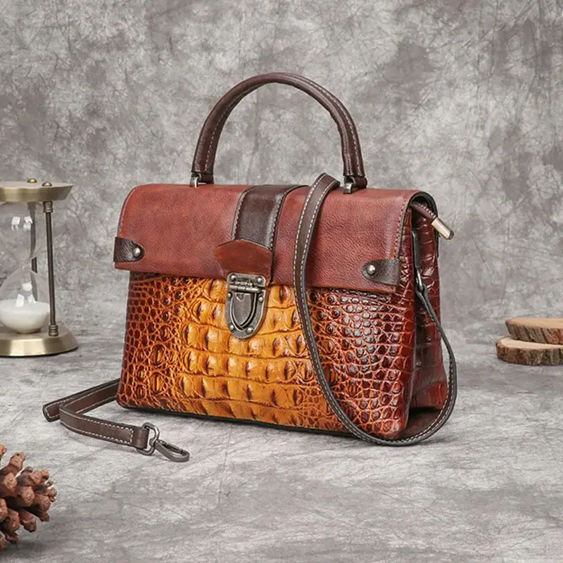 Vintage Accessory: Crocodile-Pattern Small Square Crossbody Bag