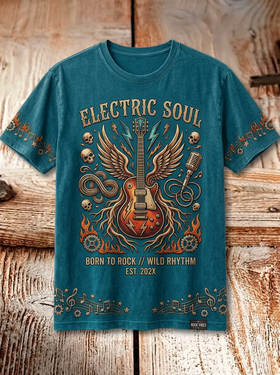 Unisex Rock Music Lover Winged Guitar Skull Printed T-shirt