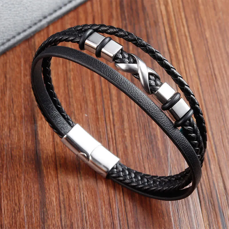Leather Titanium Steel Braided Mens Bracelet