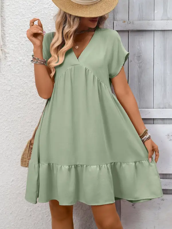 Elegant V Neck Ruffle Mini Dress