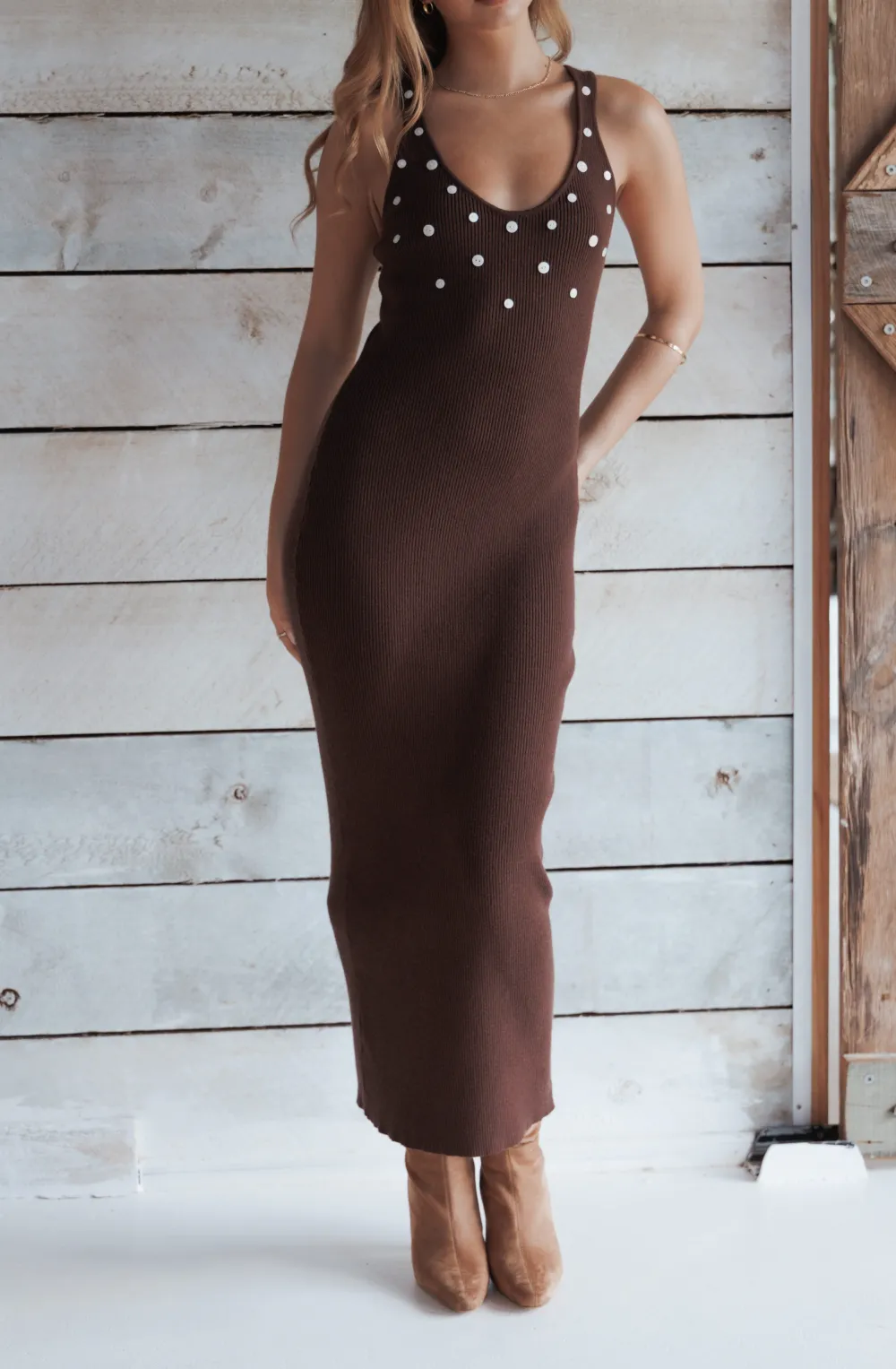 Button Round Neck Maxi Dress