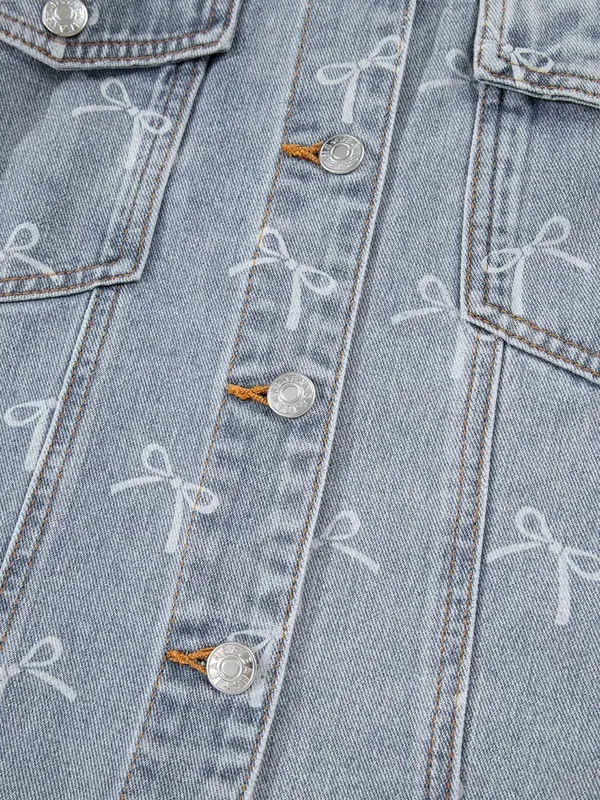 Bow Knot Print Light Wash Raw-Hem Denim Jacket