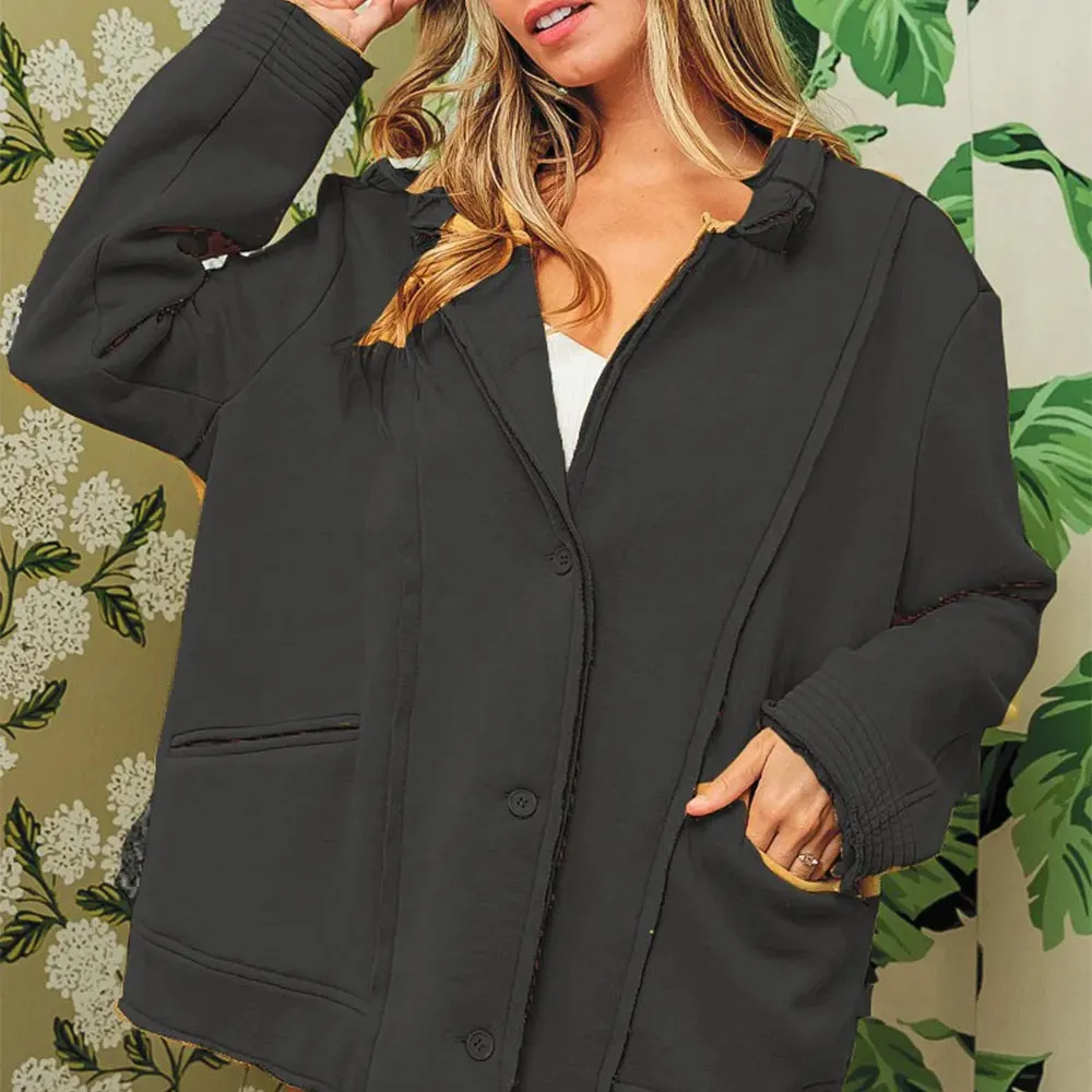 Single Breasted Pocket Detail Fleece Washed Casual Jacket