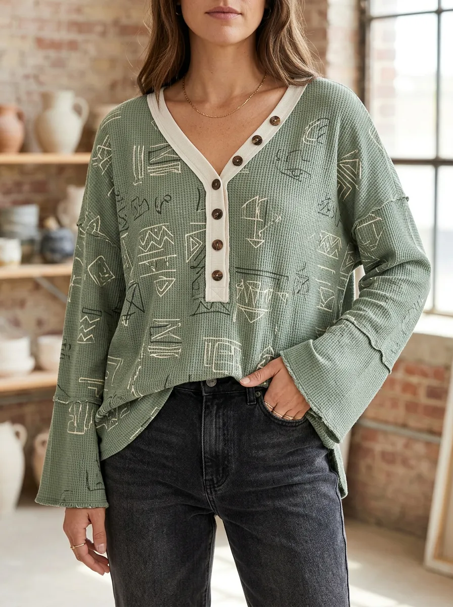 Women's Boho Abstract Line Art Printed Waffle Knit Henley Top