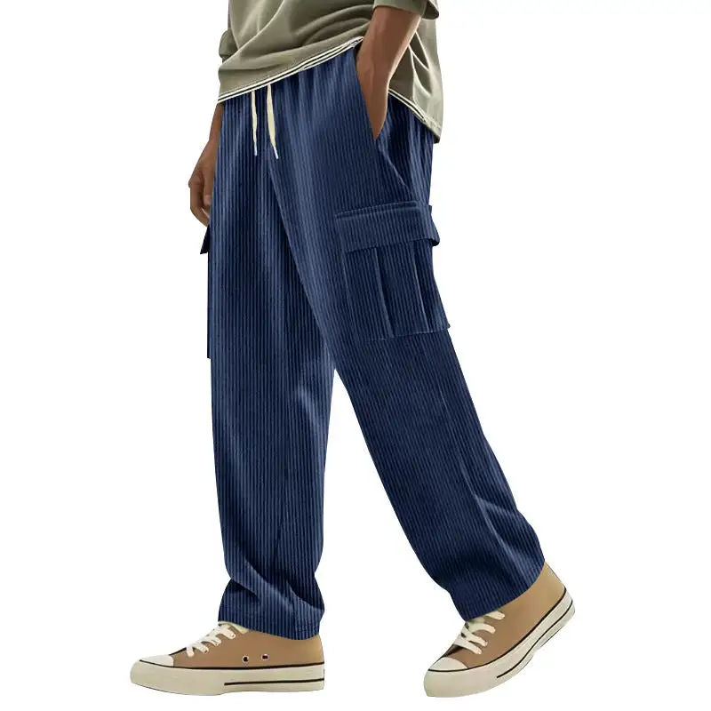 Men's Loose Corduroy Pants with Cargo Pockets and Drawstring Waistband Cargo Pants
