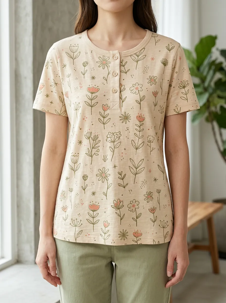 Women's Modern Floral Botanical Henley T-Shirt