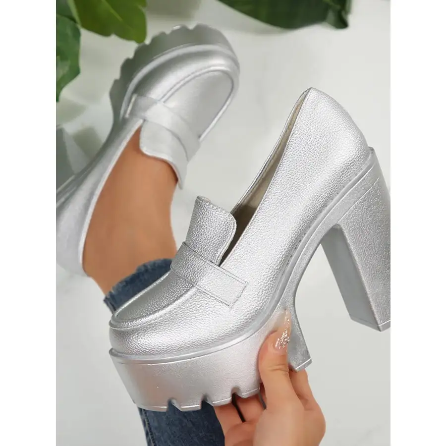 Round Toe Platform Block Heels Pumps
