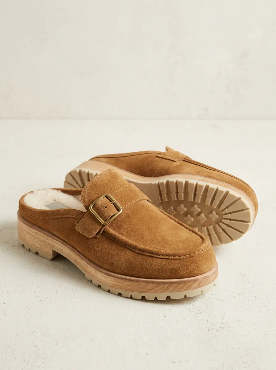 Women's Classic Faux Fur Lined Buckle Detail Casual Suede Wood Sole Loafers