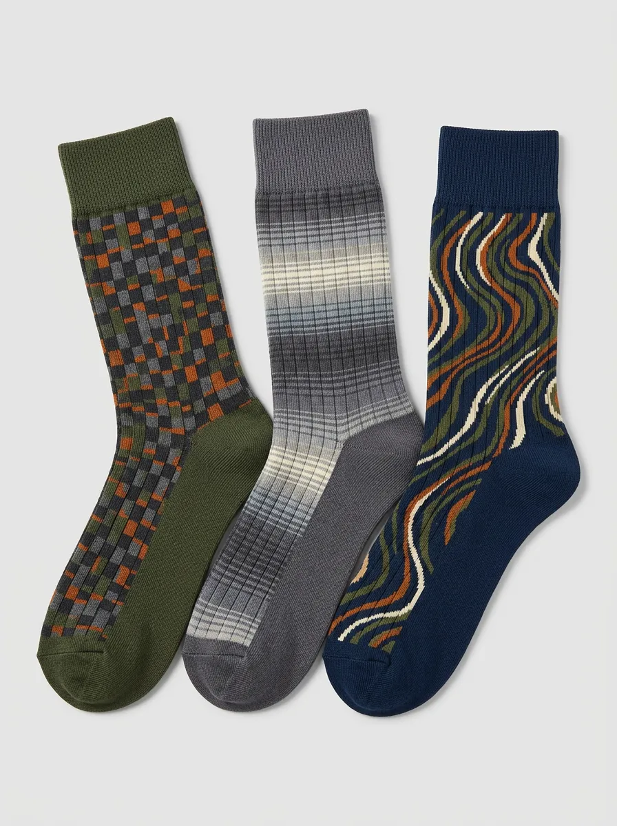 Men's Wave Pattern Plaid Crew Sock Trio