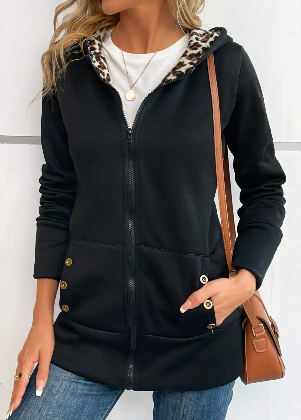 Black Zipper Leopard Long Sleeve Hooded Coat