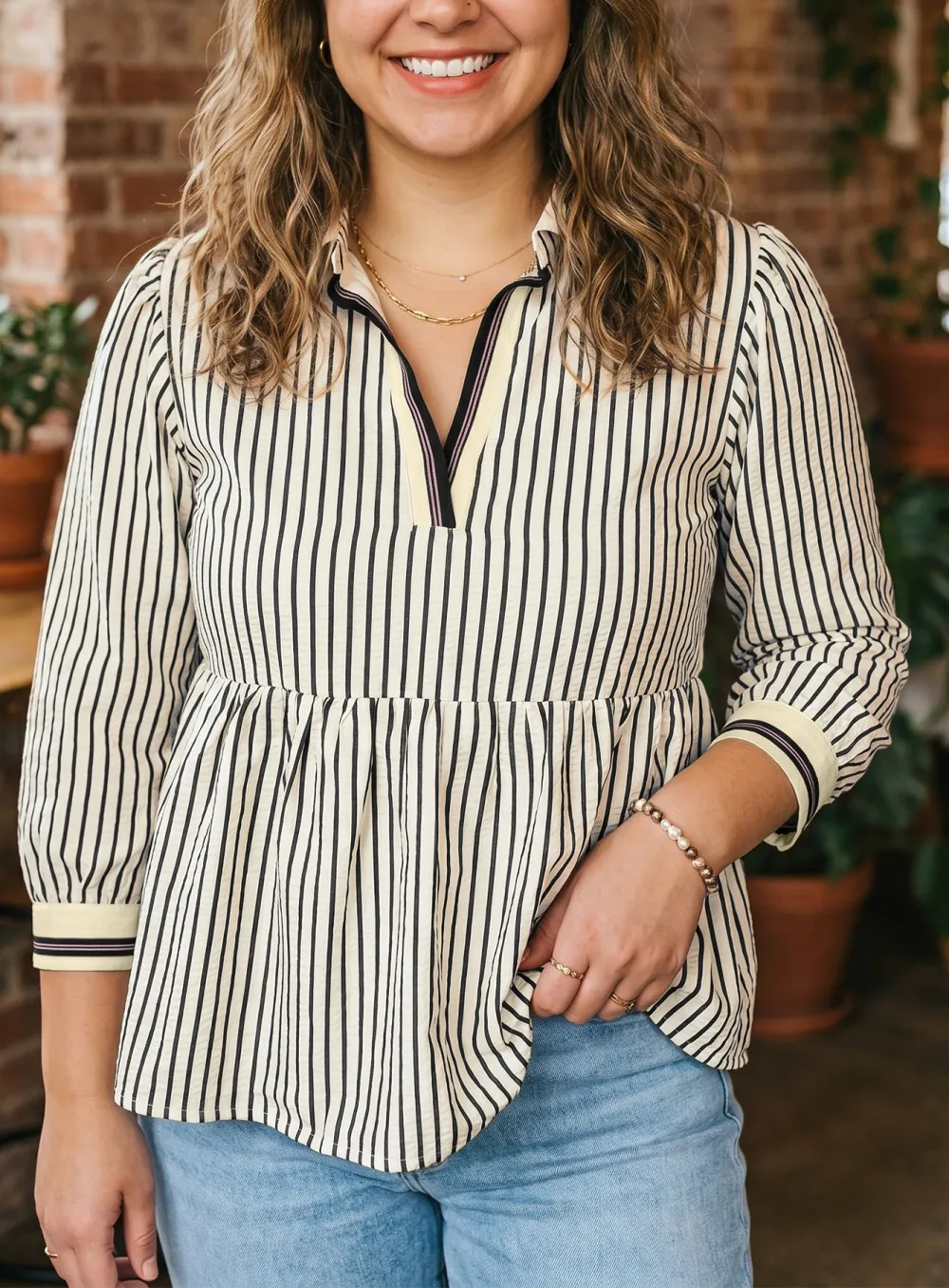 Women's Striped Patchwork V Neck Top