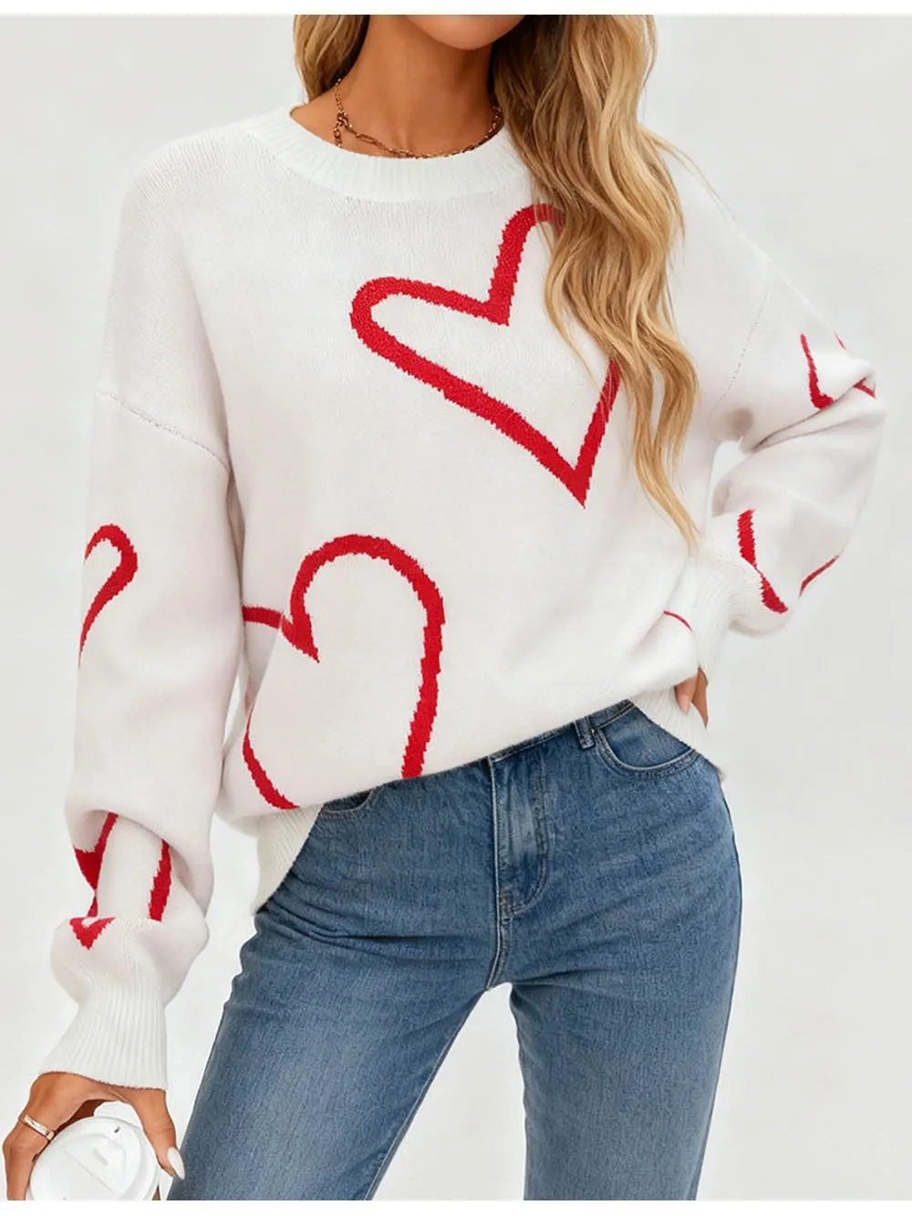 Valentine Heart Pattern Round Neck Long Sleeves Sweater