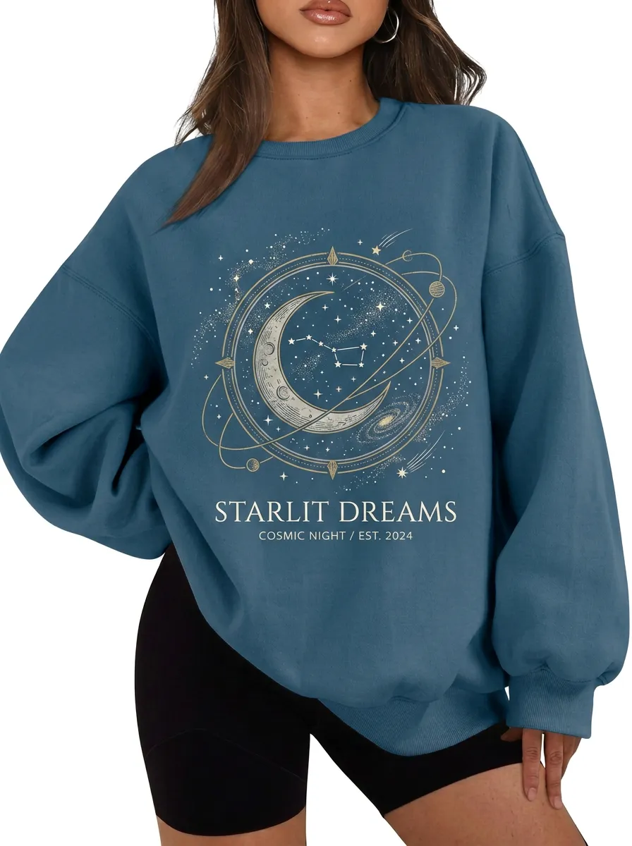 Women's Celestial Starlit Dreams Moon Constellation Printed T-shirt