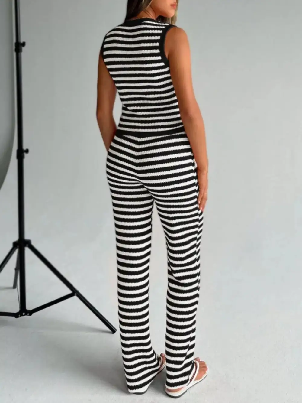 Striped Knit V Neck Button Up Sleeveless Top and Pants