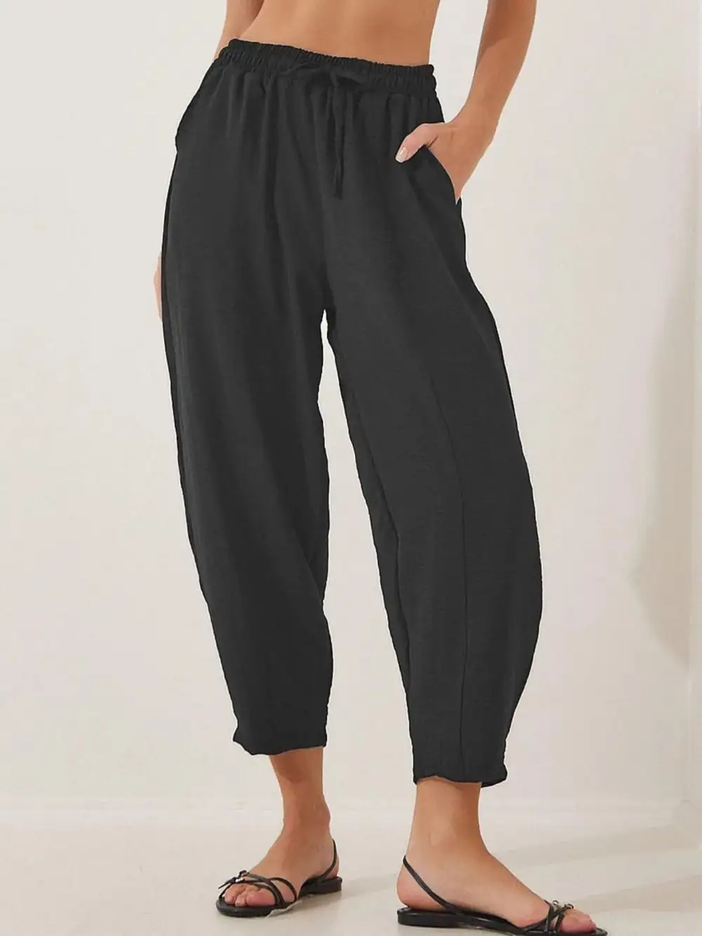 Full Size Drawstring Wide Leg Cropped Pants Plus Size