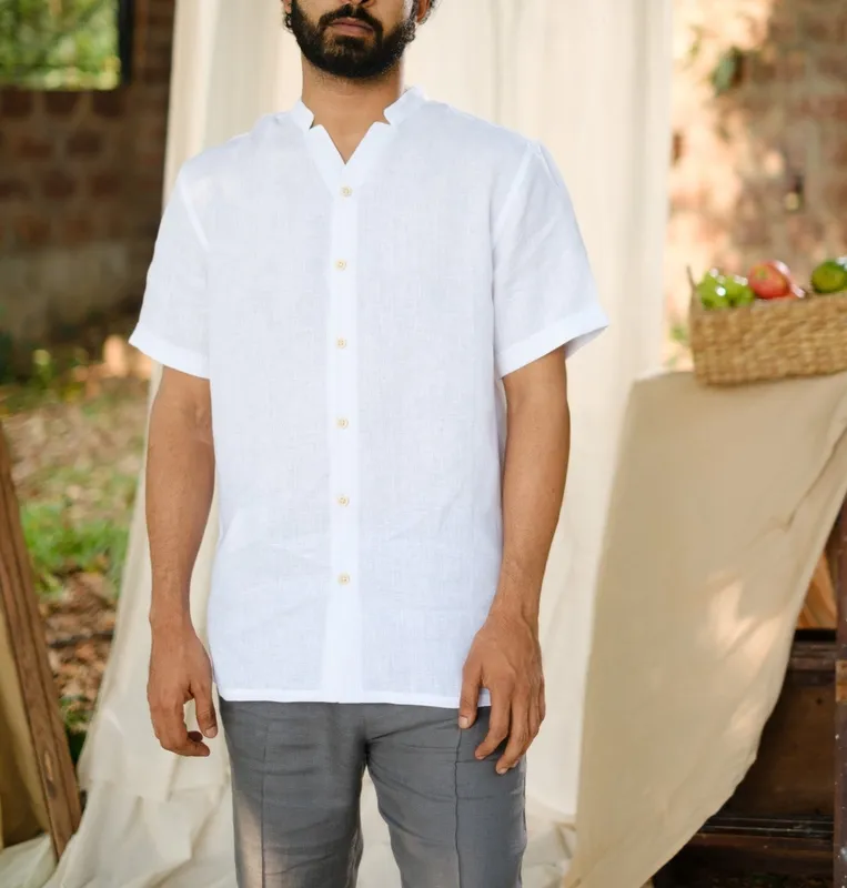 Pearl White Relaxed Linen V-Neck Shirt