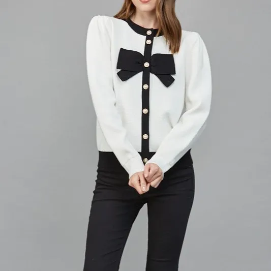 Ribbed Button Front Bow Front Rhinestone Detail Cardigan