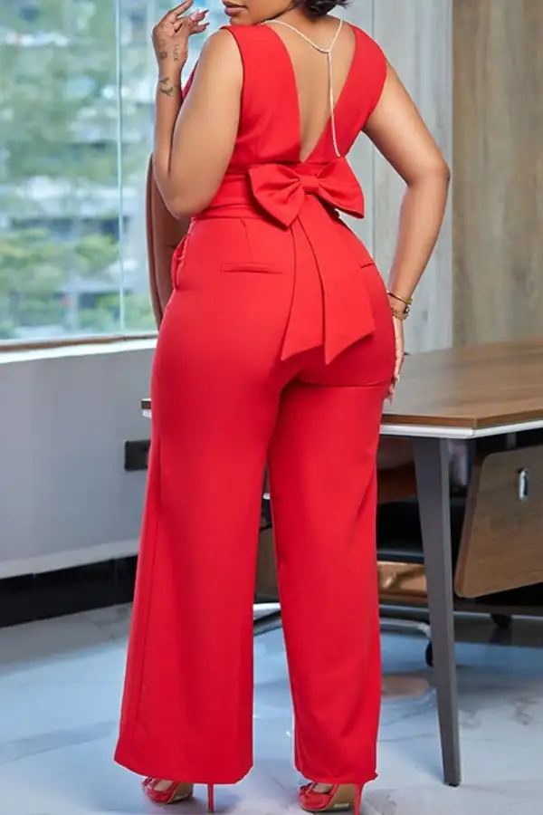 Red Wide-Leg Bow-Detail Pant Set