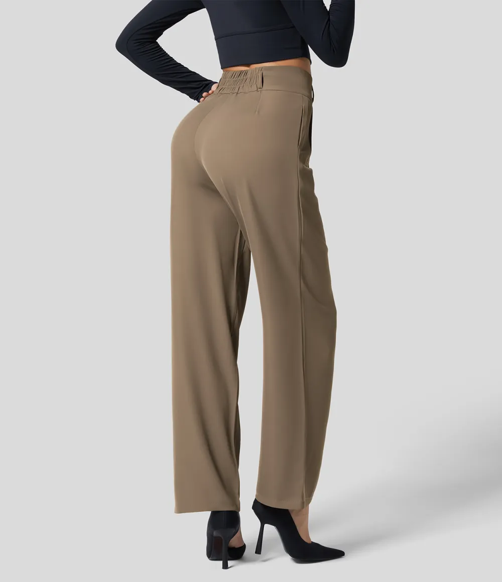 High Waisted Button Zipper Plicated Side Pocket Shirred Straight Leg Work Pants