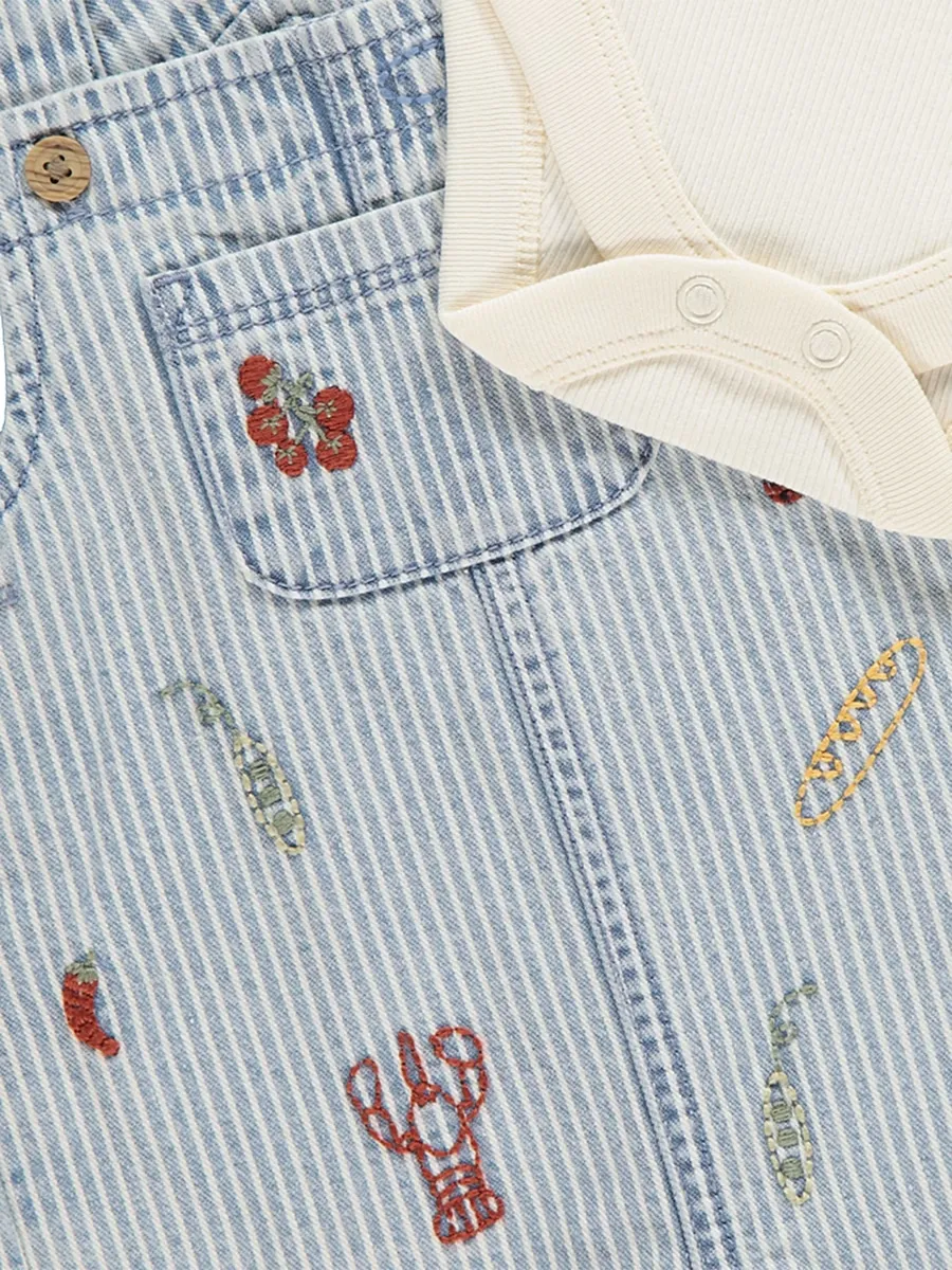 Striped Food Embroidered Dungaree Outfit