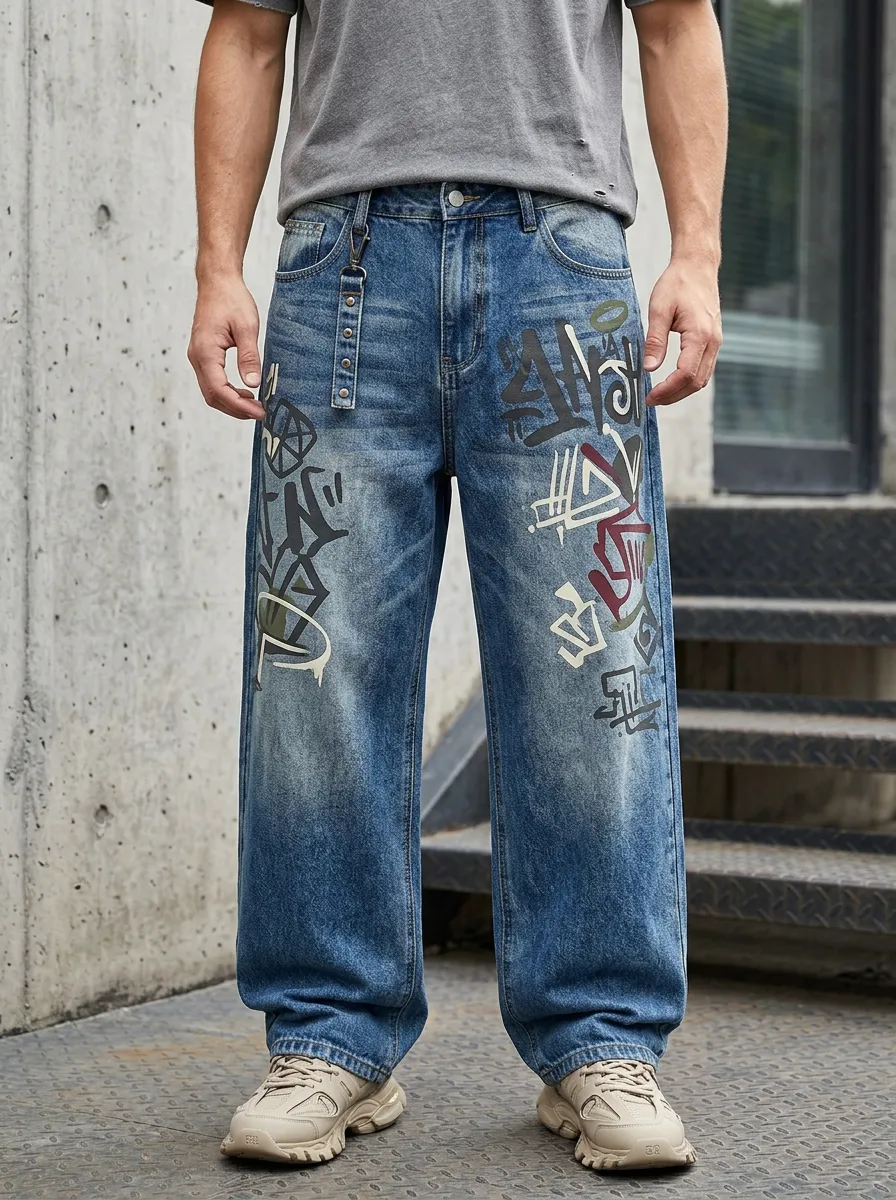Unisex Contemporary Streetwear Graffiti Baggy Jeans