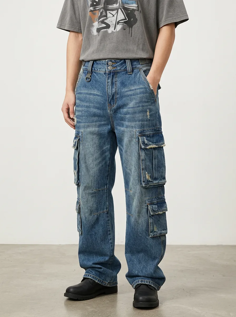 Men's Mid-Blue Distressed Mid Blue Cargo Pants