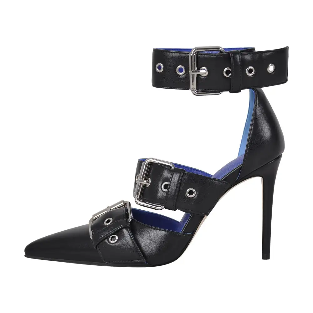 Polished Pointed Toe Stiletto Buckle Strap Pumps