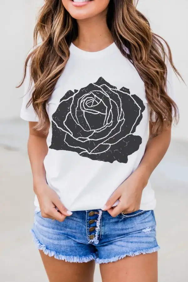 White Large Rose Print Round