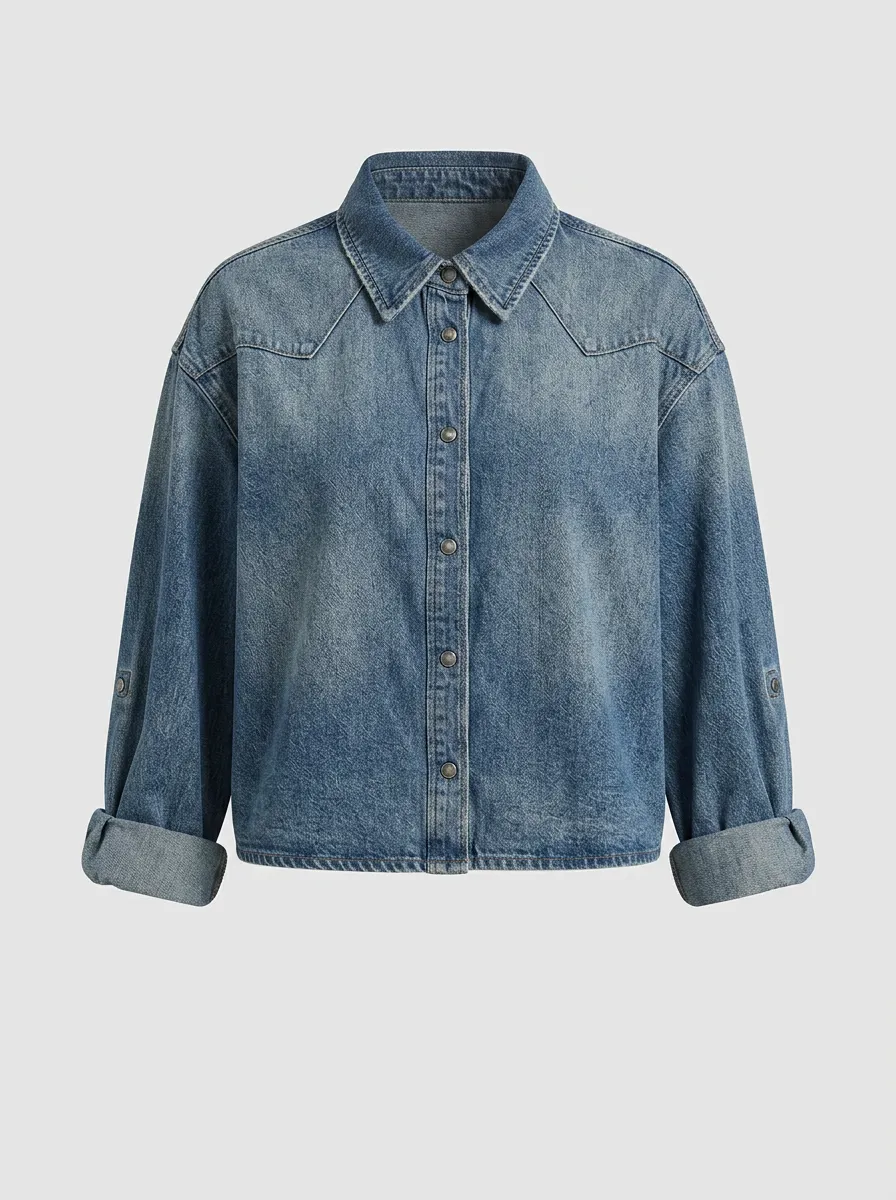 Women's Vintage Wash Western Style Button Down Denim Shirt