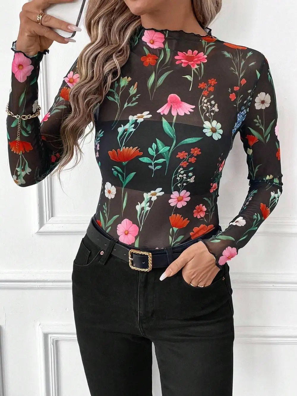 Leopard Mesh Fitted Blouse