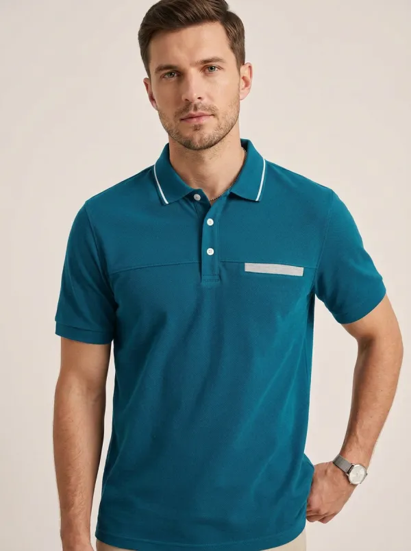 Men's Smart-Casual Contrast Trim Pocket Printed Polo Shirt