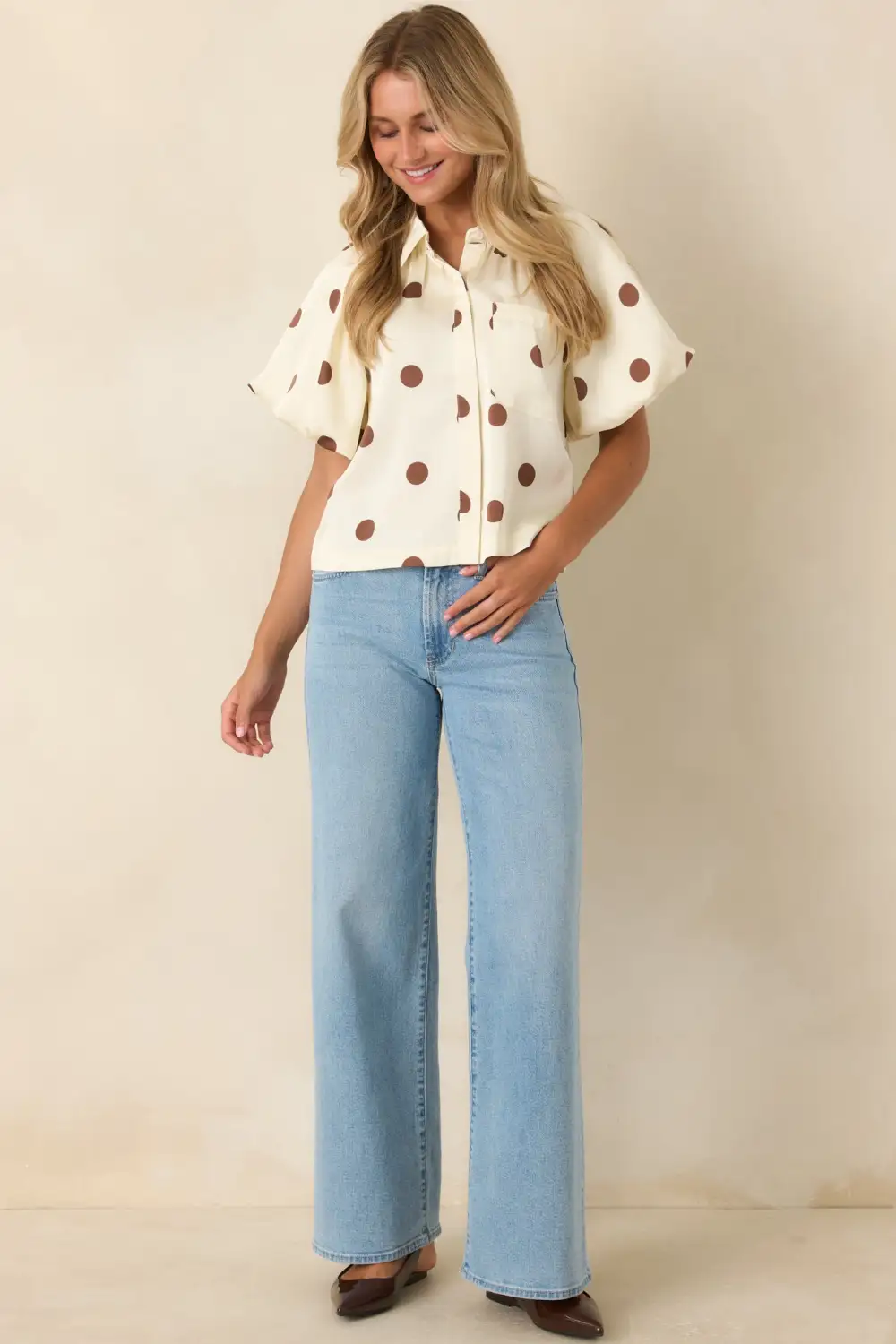 Button-Front Short-Sleeve Puff-Sleeve Polka-Dot Blouse