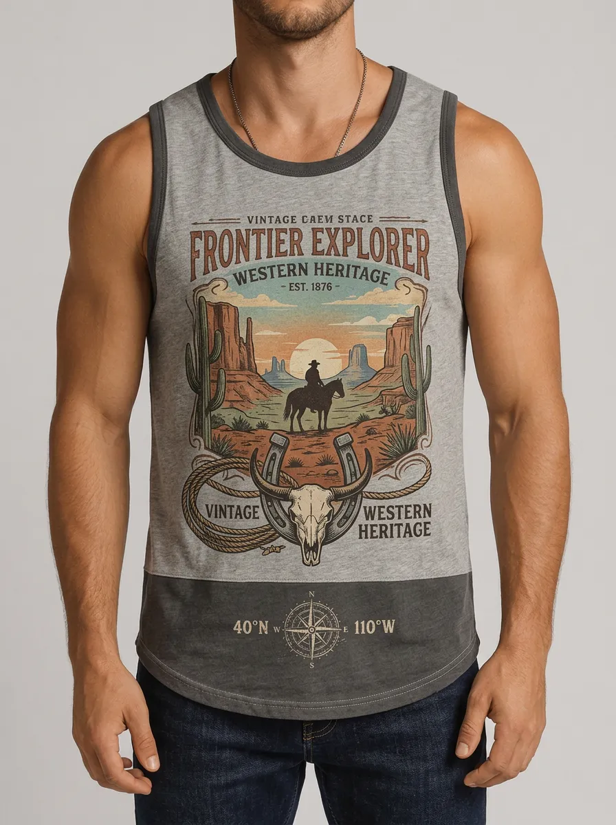 Men's Western Cowboy Frontier Explorer Printed Tank Top