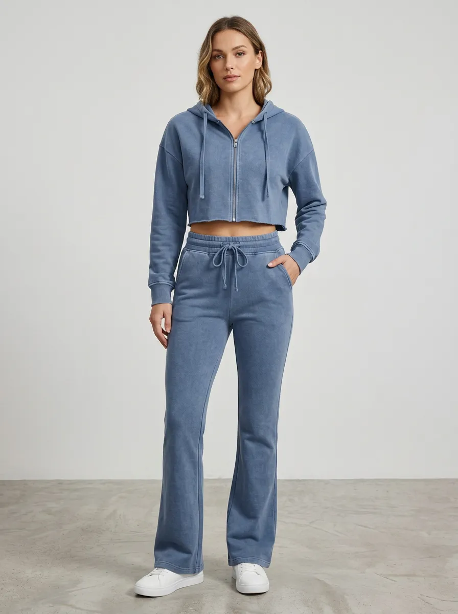 Women's Vintage Inspired Cropped Hooded Jacket and Flare Pants Active Set