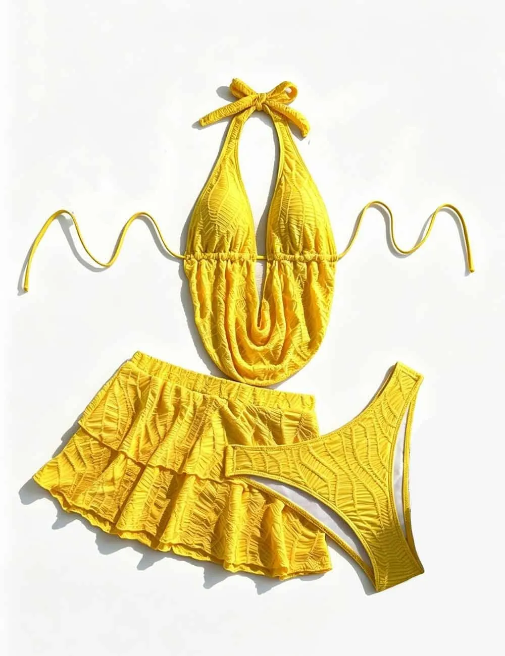 Cowl Drape Detail Triangle Bikini Set with Mini Skirt
