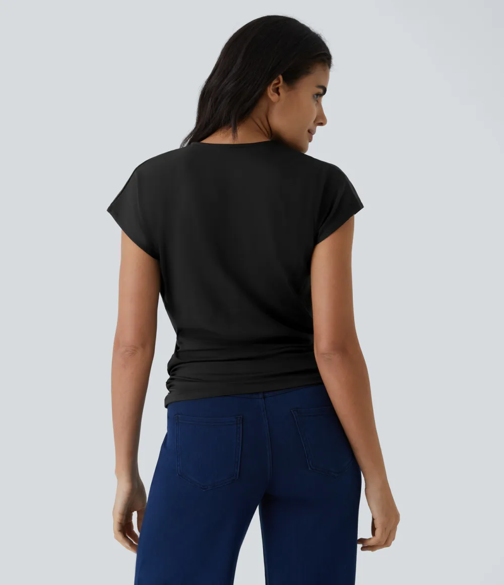 V Neck Cap Sleeve Crossover Ruched Solid Work Blouse