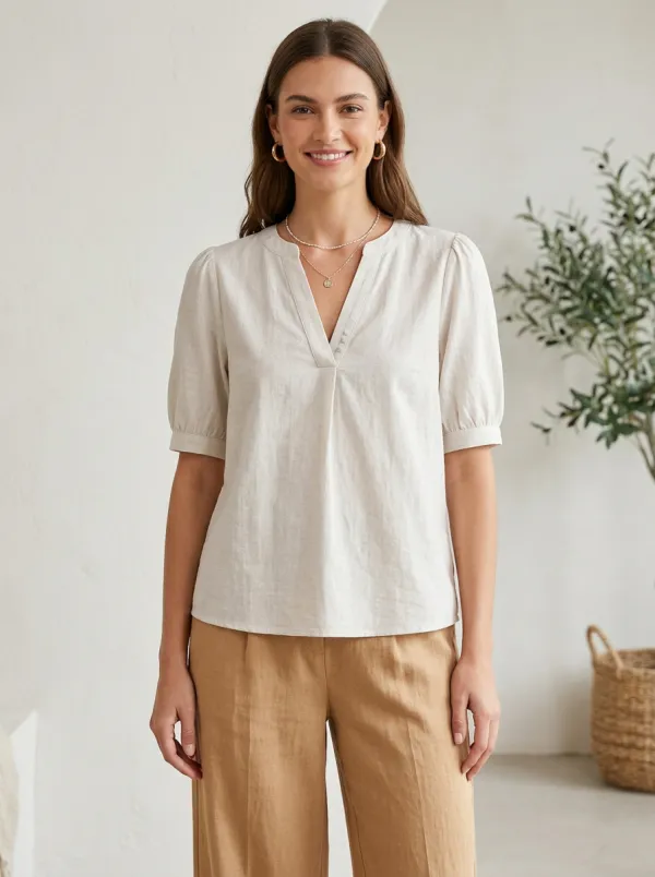 Puff-Sleeve Relaxed Women's V-Neck Casual Lounge Set