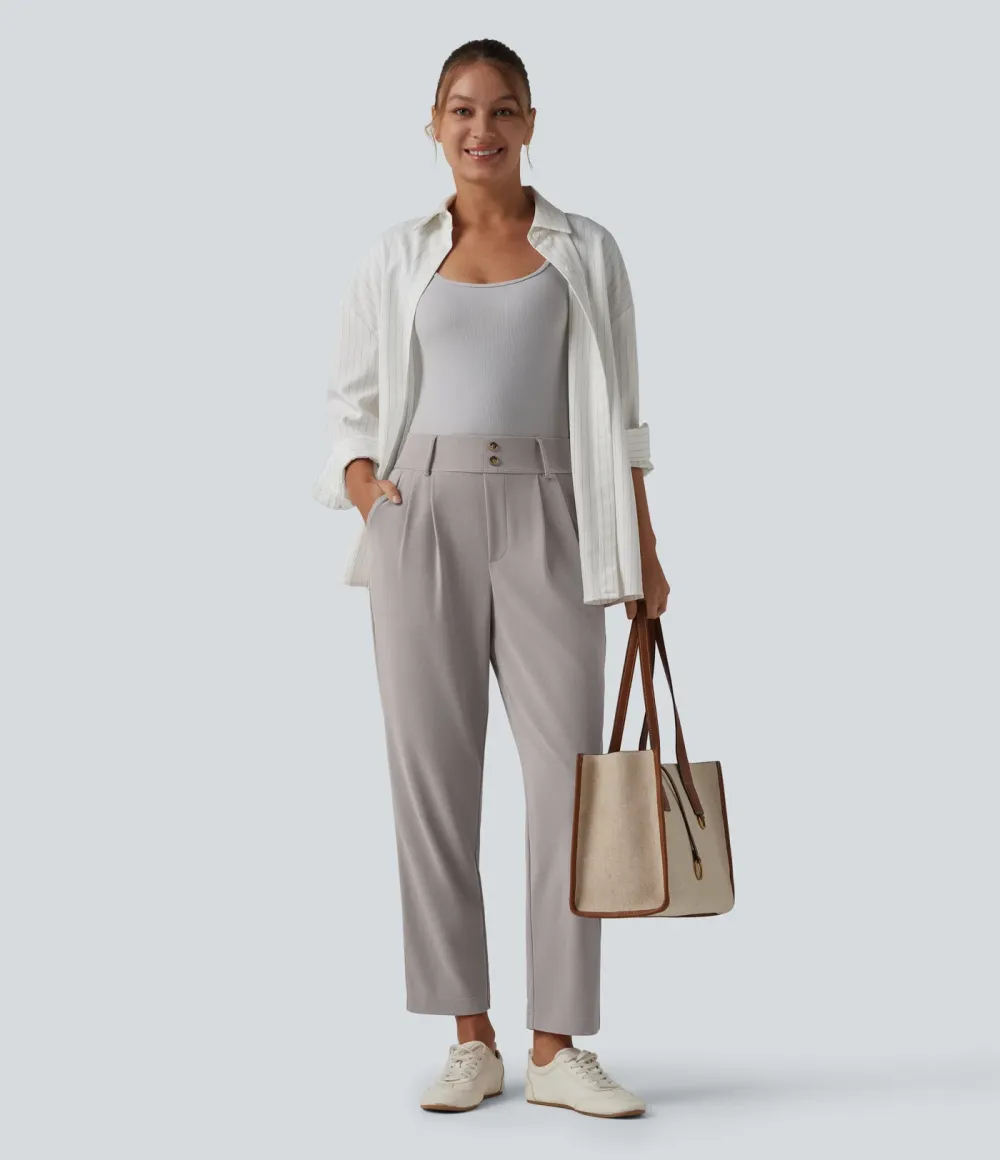 - Tapered office trousers with a high waist, side pockets and waffle fabric