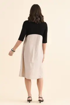 Knee-Length Color-Block Linen Blend Pocket Round-Neck Half-Sleeve A-Line T-Shirt Dress