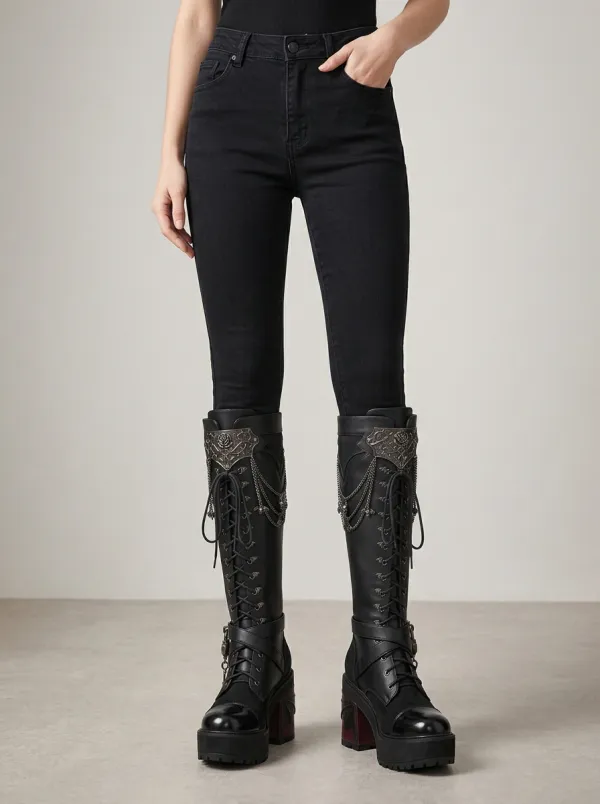 Classic Gothic Skull Bat Chain Style Women's Gothic Platform Boots