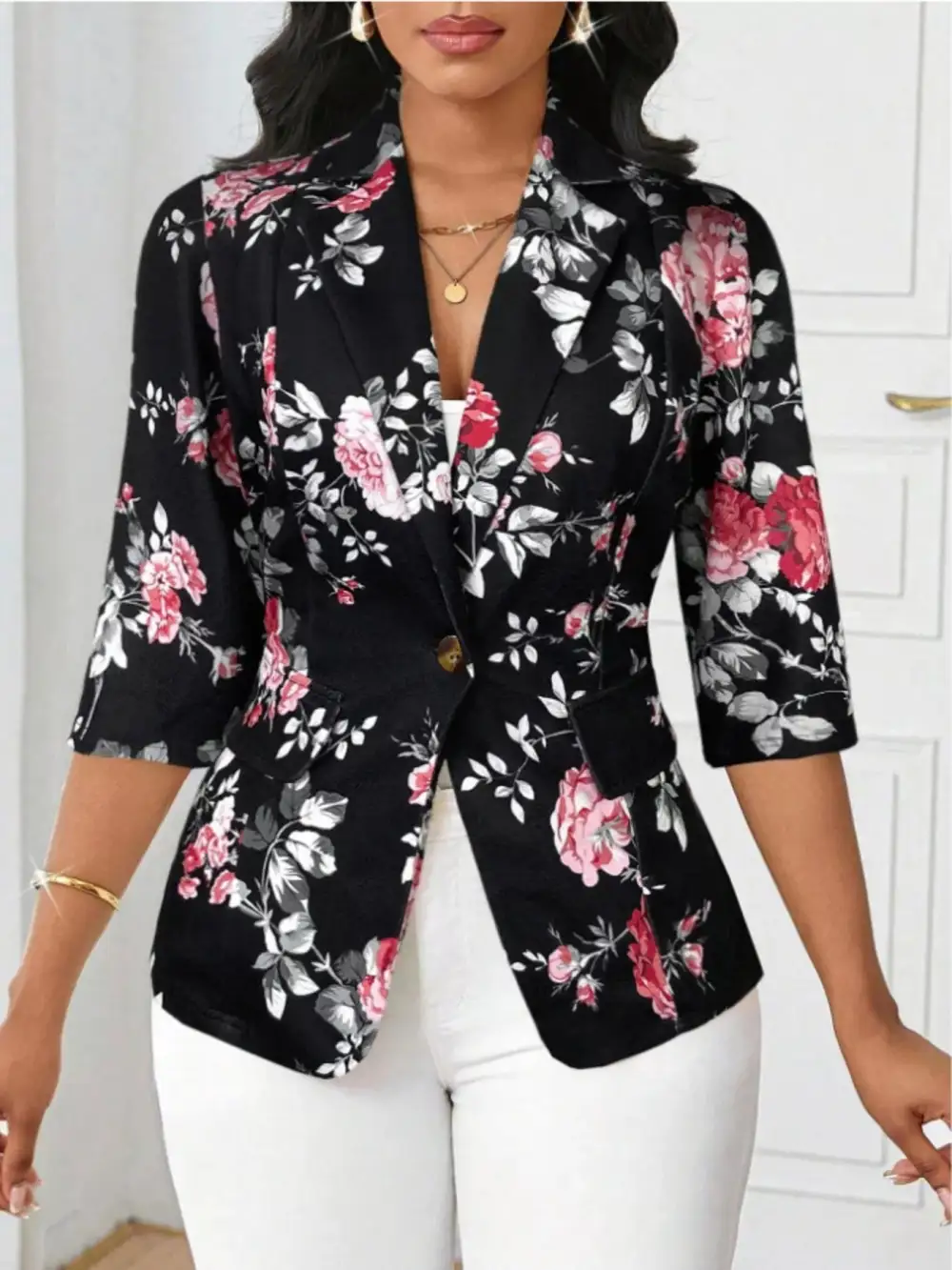 Single-Button Floral-Print Blazer