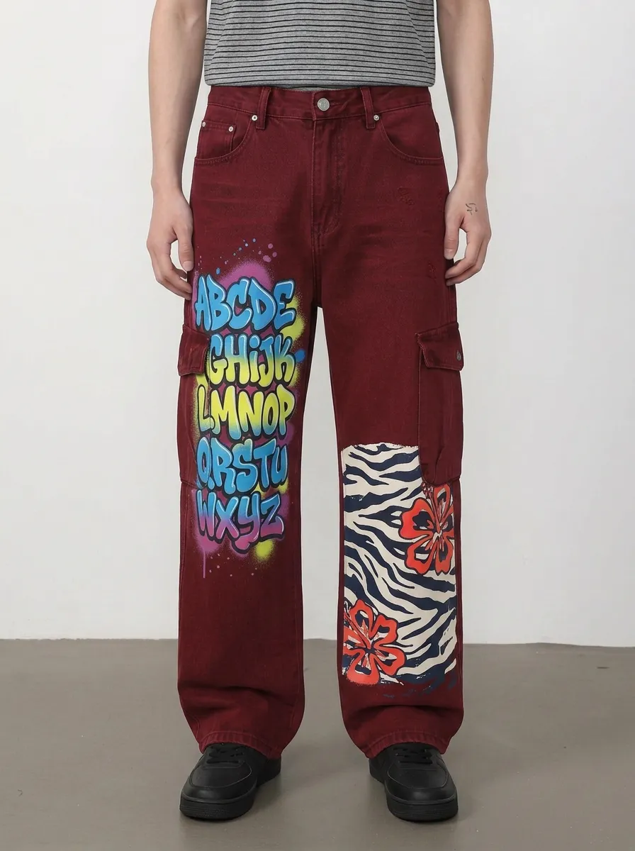 Men's Graffiti Alphabet Zebra Floral Graphic Cargo Jeans