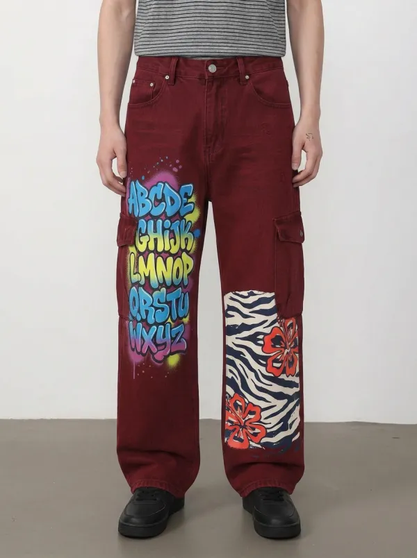 Men's Graffiti Alphabet Zebra Floral Graphic Cargo Jeans