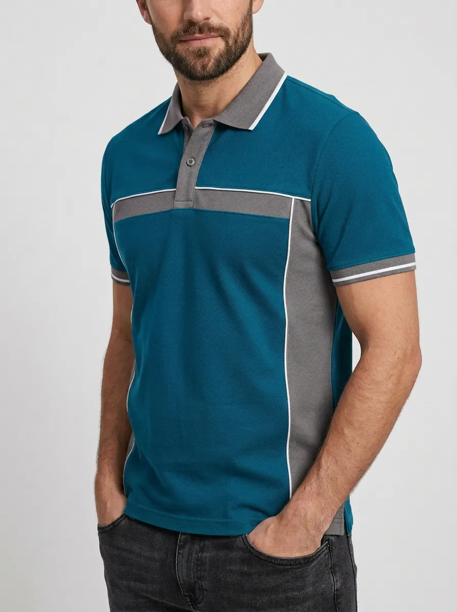 Men's Sport Navy Grey Colorblock Contrast Trim Polo Shirt
