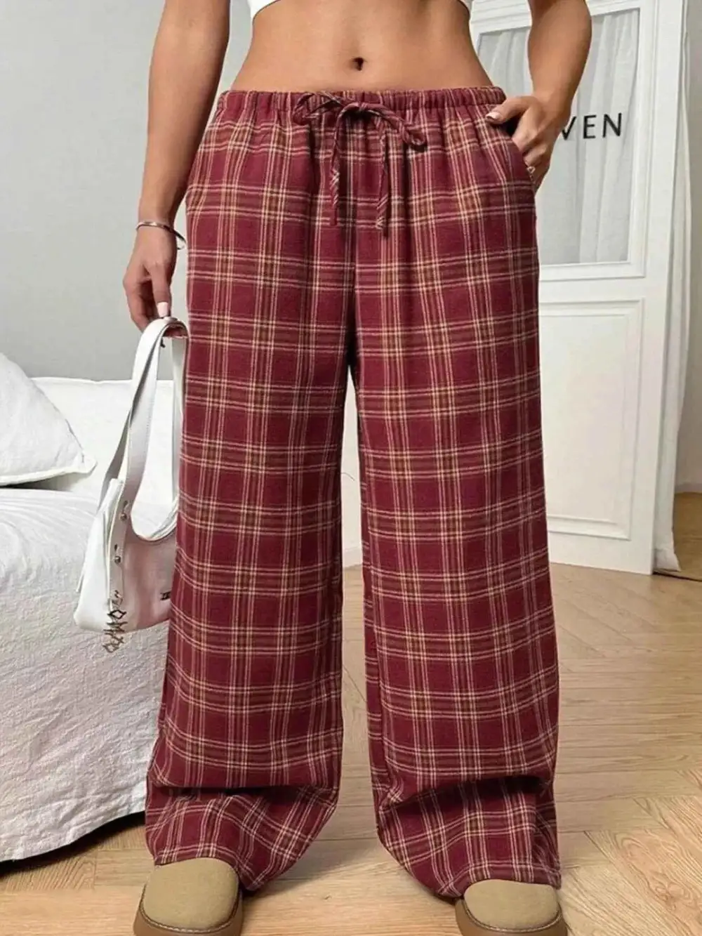 Plaid Drawstring Wide-Leg Pants